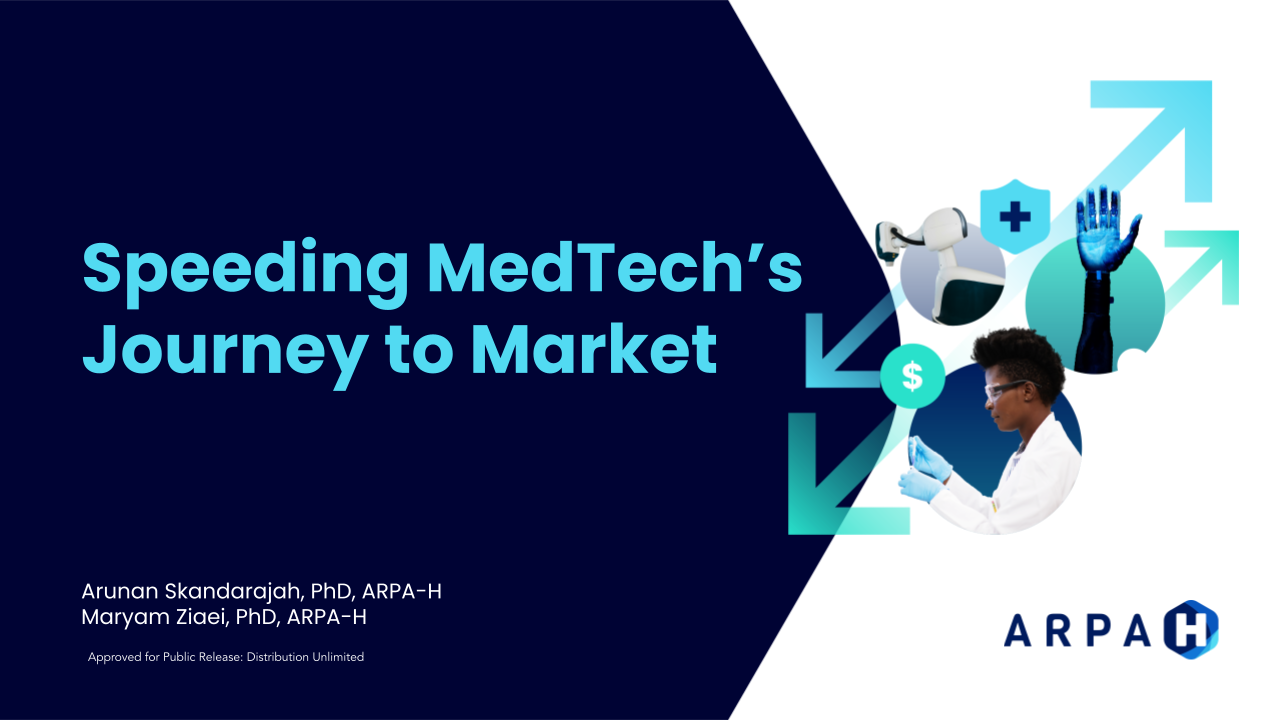 Speeding MedTech’s Journey to Market, Arunan Skandarajah, PhD, ARPA-H, Maryam Ziaei, PhD, ARPA-H, Approved for Public Release: Distribution Unlimited; ARPA-H logo; circles with photos of medical professional and medical equipment, arrows emanating outward